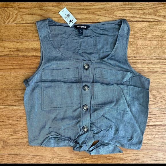 Express Button Up Shirt Women’s Xsmall Gray Cropped sleeveless Tie Front   NWT - Picture 1 of 6